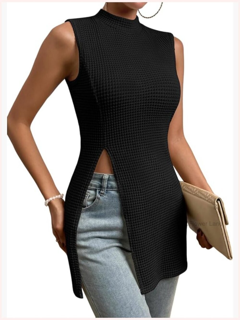 Women's Sleeveless Mock Neck Split Hem Tank Top - Waffle Knit